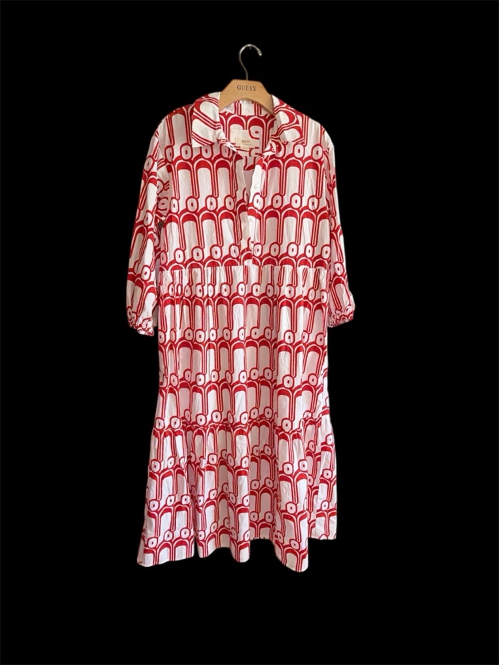 Maeve Red and White Geometric Print Collared Midi Dress